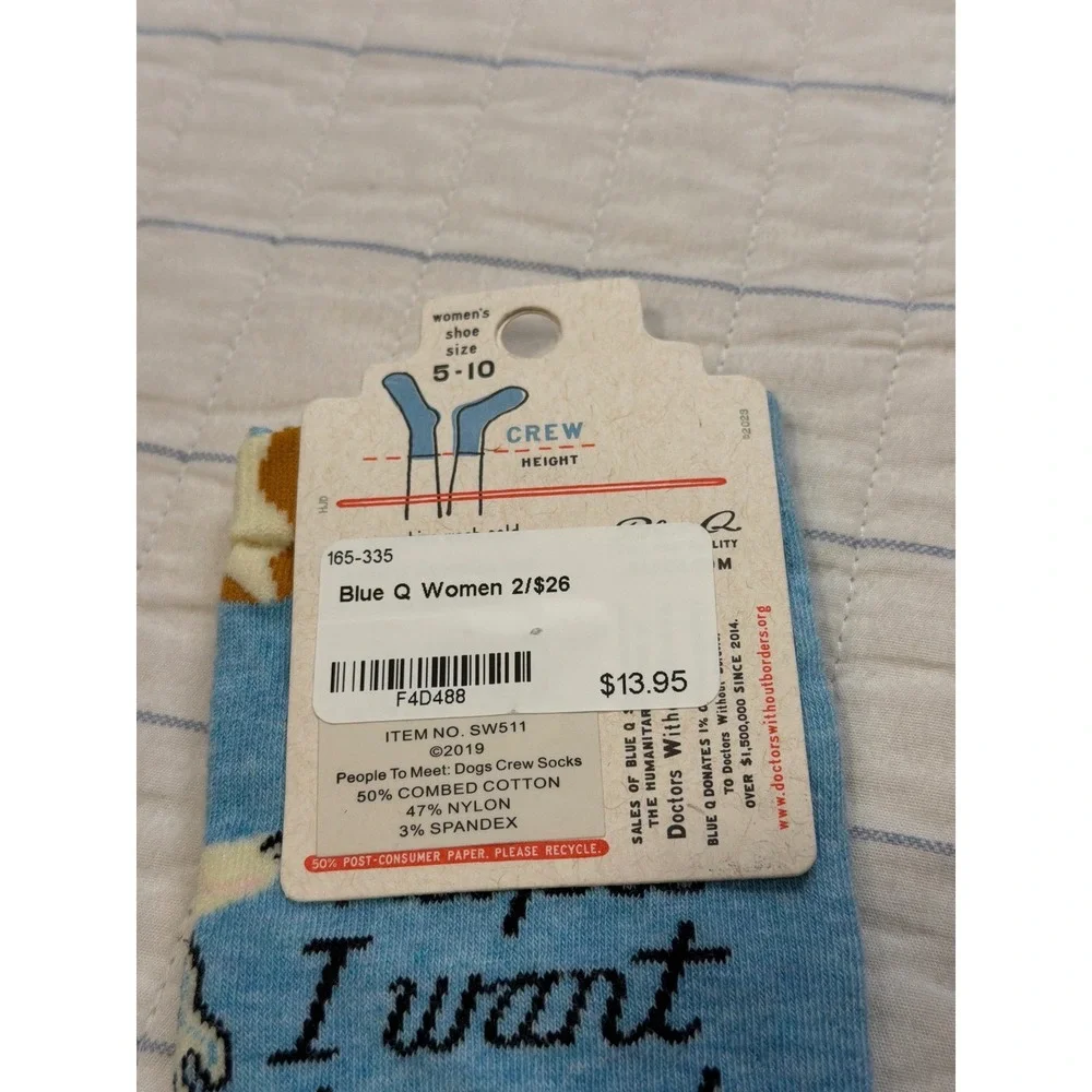Blue Q People I Want to‎ Meet Dogs Crew Socks Blue Women's Shoe Size 5-10 NEW
